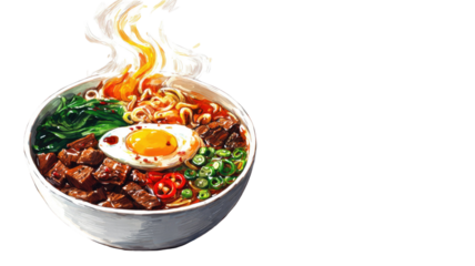 Vibrant ramen bowl illustration featuring noodles vegetables tender meat and fried egg in bold artistic style isolated on white background