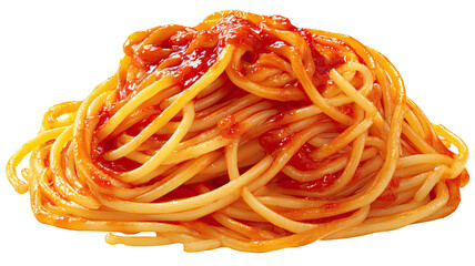Fresh cooked spaghetti coated in rich tomato sauce piled neatly as a appetizing pasta serving isolated on white background
