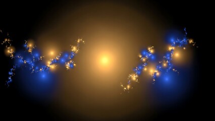 Abstract fractal golden center light with blue sparks on dark background template