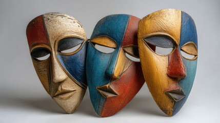 A professional studio shot of decorative masks painted in seasonal colors carefully placed against a plain background is