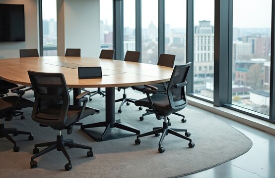 Modern empty conference room with large oval table and black chairs. Large windows show city skyline. Tablet sits on wooden surface for meetings. Office setting for corporate discussions, training.