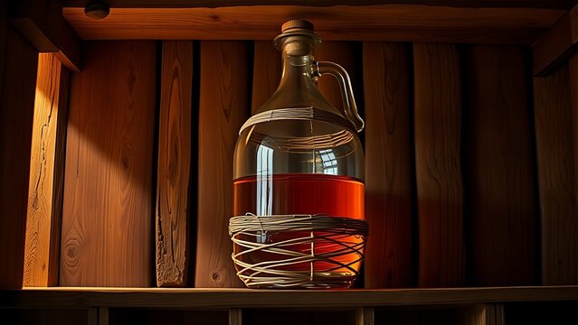 carboy. Large glass carboy with wicker wrapping on a wooden shelf, amber liquid inside in a rustic cellar. bar promotions, beverage menus, designed for food & beverage menus and cafe branding.