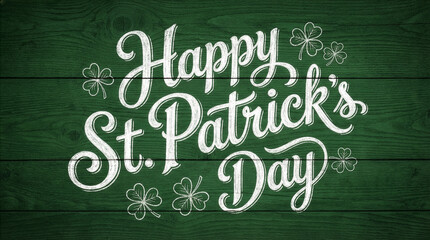 Happy St. Patrick's Day Chalk on Green Wood with Shamrocks