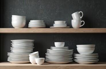 Fototapeta premium Neatly stacked clean white ceramic plates, bowls organized on wooden shelves against dark textured wall. Kitchenware tidy, ready for use, showing immaculate order, pristine condition for domestic