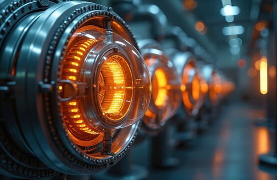 Closeup of glowing modular nuclear reactor core. Futuristic power unit assembly. Industrial energy tech innovation. Clean sustainable power generation.
