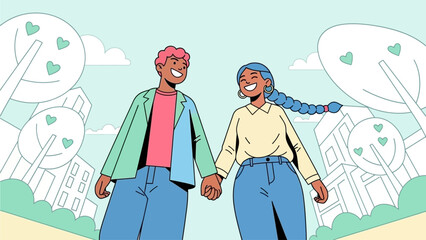 Obraz premium A vibrant flat design illustration showing a happy diverse couple walking hand-in-hand, symbolizing their loving bond and shared journey on Valentine's Day.