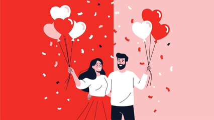 A festive flat design illustration depicting a happy couple joyfully celebrating Valentine's Day with heart-shaped balloons and confetti, symbolizing their happiness and love.