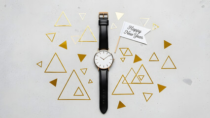 Happy New Year Flat Lay with Black Leather Watch Gold Triangles and Greeting Card