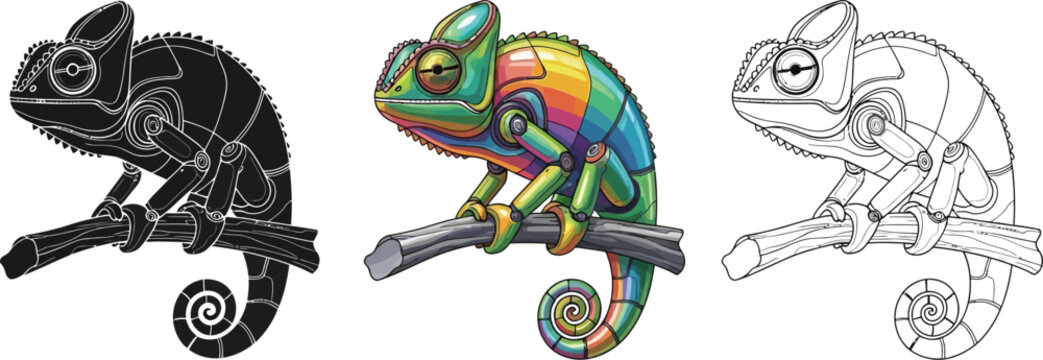 Cybernetic chameleon illustration set featuring full color silhouette and outline versions for design projects