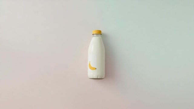 Top view of a glass bottle filled with fresh banana flavored milk, yogurt, or smoothie.