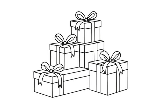 Stacked gifts and presents line art outline graphic. Drawing of wrapped boxes with bows for celebration and holiday