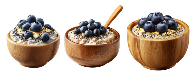 Wooden bowl filled with creamy oatmeal topped with fresh blueberries and chia seeds, isolated on white transparent background