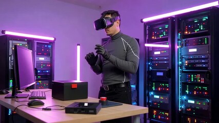 Man in VR headset and gloves interacting with virtual reality in a server room with neon lights. - Powered by Adobe