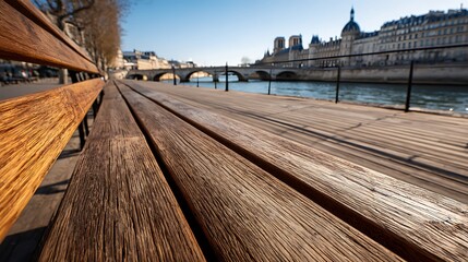 Naklejka premium Parisian Bench View Seine River, Bridges, Notre Dame Cathedral in Background