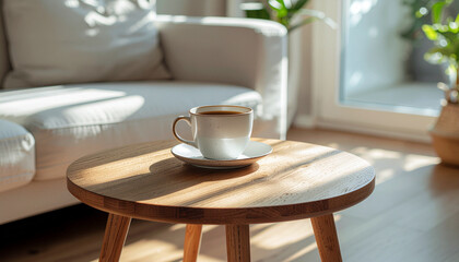 minimalist ceramic coffee table cup on small table with diagonal sunlight from the right