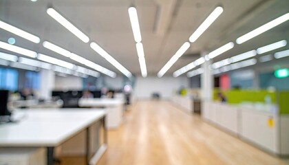 Fototapeta premium Defocused interior shot of a bright modern office with multiple desks and overhead lighting