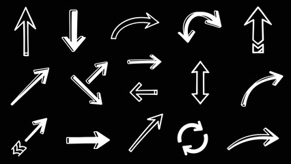 A grid of nineteen white handdrawn style arrows on a solid black background