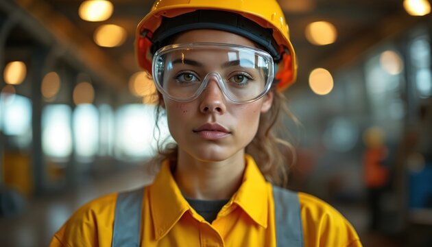 Woman wears hard hat safety glasses. She is in uniform with hi vis vest. Female worker at factory or construction site. Industrial safety gear. Hard hat worker. - Powered by Adobe