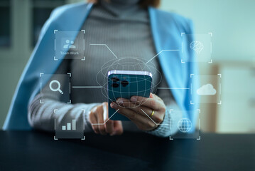 professional woman uses a tablet to analyze data on a virtual interface, symbolizing business innovation, technology, and global connection.