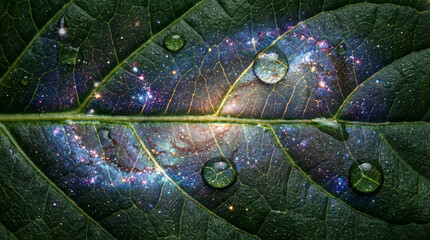 A vibrant green leaf displays a swirling galaxy within its veins, adorned with glimmering dewdrops reflecting the magical cosmos on an ordinary spring morning.