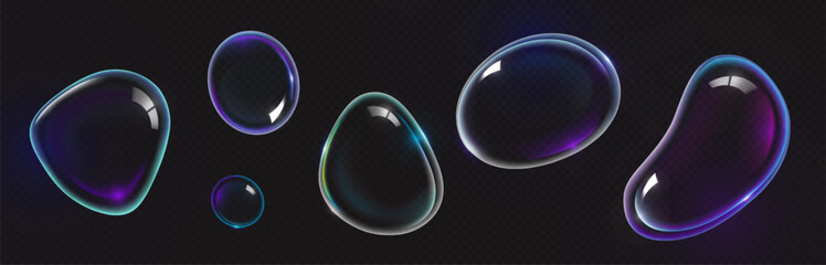 Fototapeta na wymiar 3D soap bubbles set isolated on transparent background. Vector realistic illustration of abstract water spheres floating in air, light reflection on glossy iridescent surface, washing detergent foam