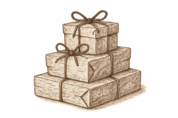 Stacked gifts or presents tied with bows, sepia toned hand drawn illustration, celebrating holidays and special occasions on transparent background
