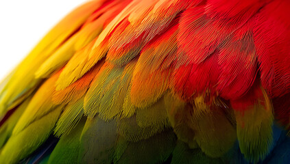 Obraz premium vibrant colorful tropical parrot feather closeup with rich rainbow tones and fine natural texture, detailed macro feather pattern ideal for nature backgrounds, artistic design, wildlife, and creative 