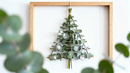Minimalist diy christmas tree made of eucalyptus stems tied with twine and hanging in a wooden frame, soft leaves in the foreground and white wall background, concept of eco holiday decor