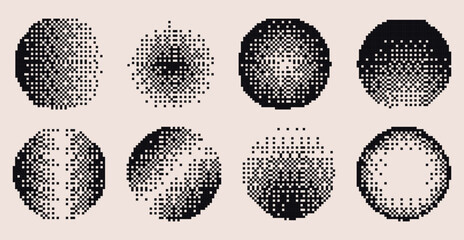 Naklejka na ściany i meble Round halftone gradient shapes set isolated on background. Vector illustration of abstract circles with black dot texture, grainy dither effect, 8-bit arcade game planet design, grunge poster element