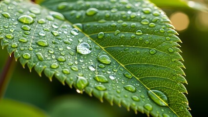 Macro photograph of water droplets resting on a clean green leaf in soft light. Perfect for themes of freshness, nature, purity, and environment.
