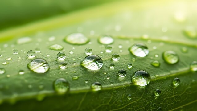 Macro photograph of water droplets resting on a clean green leaf in soft light. Perfect for themes of freshness, nature, purity, and environment. - Powered by Adobe