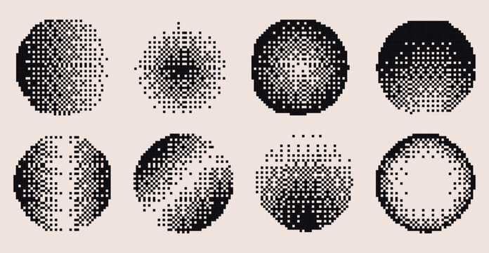 Round halftone gradient shapes set isolated on background. Vector illustration of abstract circles with black dot texture, grainy dither effect, 8-bit arcade game planet design, grunge poster element