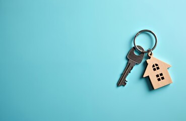 Silver key with wooden house keychain rests on a plain blue background. Represents ownership, real estate, or moving. Includes copy space for text.