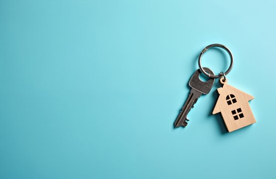 Silver key with wooden house keychain rests on a plain blue background. Represents ownership, real estate, or moving. Includes copy space for text. - Powered by Adobe