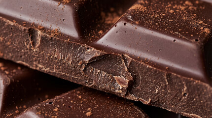 A close-up view captures the exquisite texture and rich color of dark chocolate. Crumbles of cocoa add to the sensory experience of this delicious treat.
