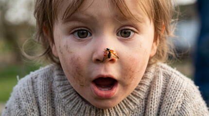 A young child with a touch of dirt on their face is gazing at the camera with a look of surprise, as a bright red ladybug lands right on the tip of their nose.
