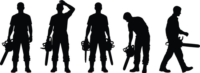 Chainsaw worker silhouettes in varied poses, illustrating manual labor, safety awareness, and tool handling for forestry, logging, and industrial applications