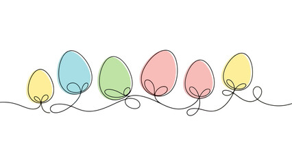 Minimalist Continuous Drawing of Colorful Easter Eggs on White Background