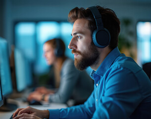Man with headphones works on computer. Person types on keyboard. Colleague in background also uses laptop. Office workers focus on screen. Evening work in modern workspace.