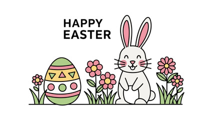 Happy Easter Bunny with Decorated Egg and Flowers in a Meadow Vector Illustration