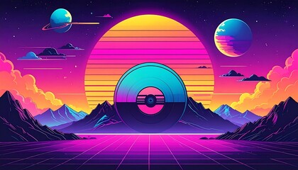 Obraz premium Synthwave-style landscape with vinyl record and planets