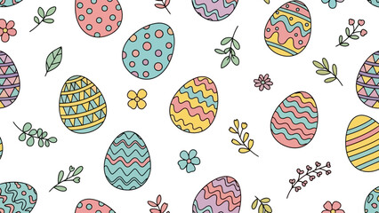 Seamless Pattern of Hand-Drawn Easter Eggs and Flowers in Pastel Colors