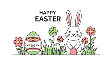 Happy Easter Greeting Card with Cute Bunny, Decorated Egg and Flowers in Grass