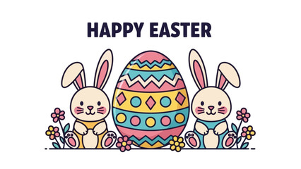 Happy Easter celebration with cute bunnies, colorful egg and flowers, vector art