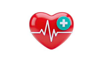 3D Heart with EKG and Medical Symbol on White Background