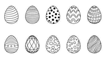 Set of 10 Hand-Drawn Easter Egg Illustrations with Various Decorative Patterns