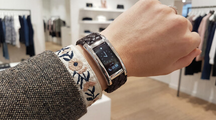 Close up on a person's wrist wearing a stylish smartwatch, showcasing its unique braided leather band and modern interface, while shopping in a chic clothing store.
