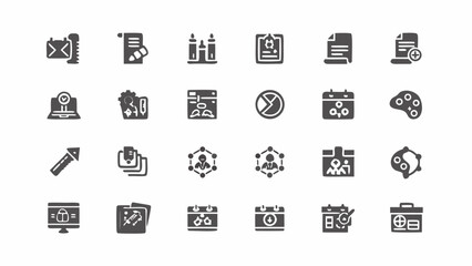 Collection of business and management icons depicting various office related activities and tools