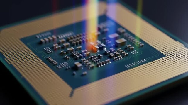Close-up of a high-performance computer processor with glowing blue and pink energy beams emanating from its surface, symbolizing data processing and advanced technology.