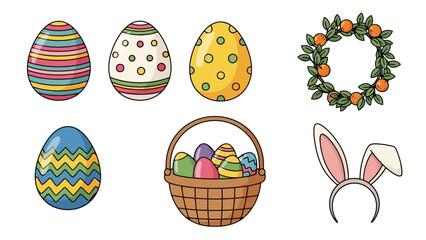 Cute Easter Egg Collection with Basket, Wreath and Bunny Ears Vector Set